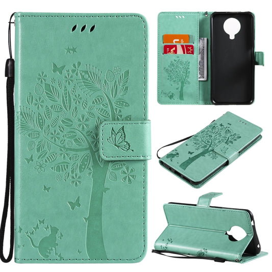 For Nokia G10 Tree & Cat Pattern Pressed Printing Horizontal Flip PU Leather Case with Holder & Card Slots & Wallet & Lanyard(Green) - Nokia Cases by buy2fix | Online Shopping UK | buy2fix