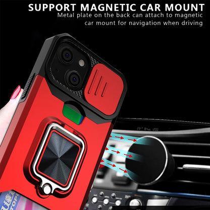 For iPhone 13 Sliding Camshield Card Slot Ring Kickstand Phone Case(Red) - iPhone 13 Cases by buy2fix | Online Shopping UK | buy2fix