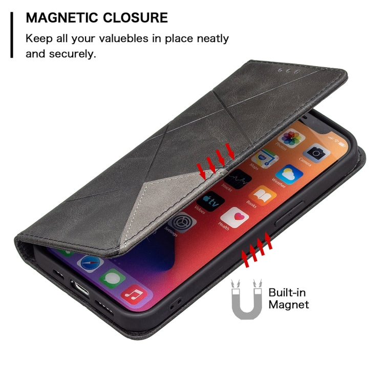 For iPhone 13 Rhombus Texture Horizontal Flip Magnetic Leather Case with Holder & Card Slots(Black) - iPhone 13 Cases by buy2fix | Online Shopping UK | buy2fix