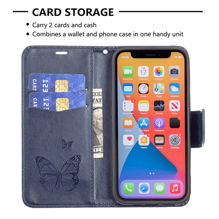 For iPhone 13 mini Embossing Two Butterflies Pattern Horizontal Flip PU Leather Case with Holder & Card Slot & Wallet & Lanyard (Blue) - iPhone 13 mini Cases by buy2fix | Online Shopping UK | buy2fix