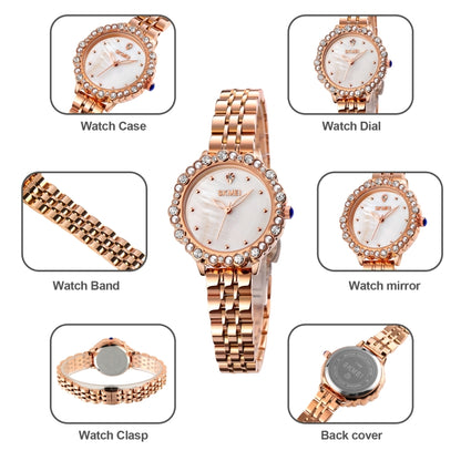 SKMEI 1799 Pearl Diamond Round Dial Stainless Steel Strap Quartz Watch for Ladies(Rose Gold and White Surface) - Metal Strap Watches by SKMEI | Online Shopping UK | buy2fix