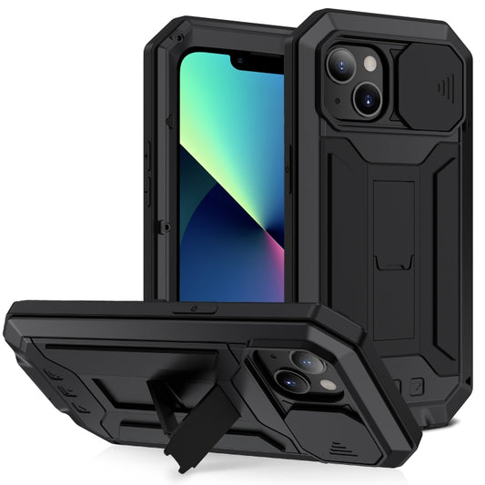 For iPhone 13 mini R-JUST Sliding Camera Shockproof Life Waterproof Dust-proof Metal + Silicone Protective Case with Holder (Black) - iPhone 13 mini Cases by R-JUST | Online Shopping UK | buy2fix