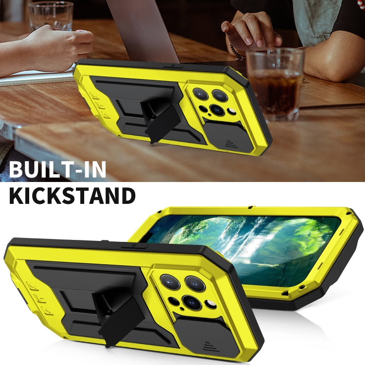 For iPhone 13 Pro R-JUST Sliding Camera Shockproof Life Waterproof Dust-proof Metal + Silicone Protective Case with Holder (Yellow) - iPhone 13 Pro Cases by R-JUST | Online Shopping UK | buy2fix