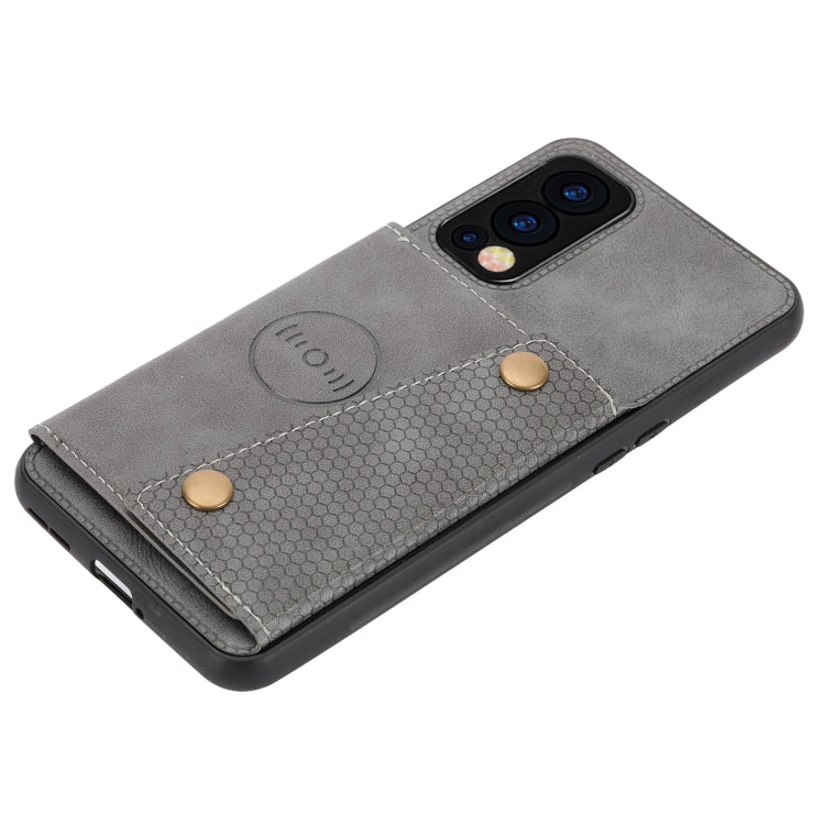 For OnePlus Nord 2 5G Double Buckle PU + TPU Shockproof Magnetic Protective Case with Card Slot & Holder(Grey) - OnePlus Cases by buy2fix | Online Shopping UK | buy2fix