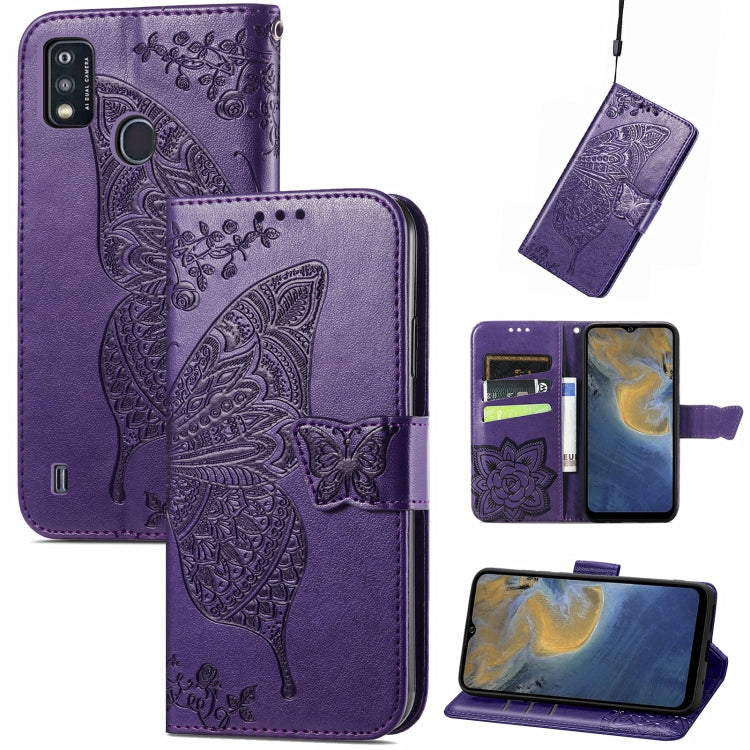 Butterfly Love Flowers Embossed Horizontal Flip Leather Case with Holder & Card Slots & Wallet & Lanyard For ZTE Blade A51(Dark Purple) - ZTE Cases by buy2fix | Online Shopping UK | buy2fix