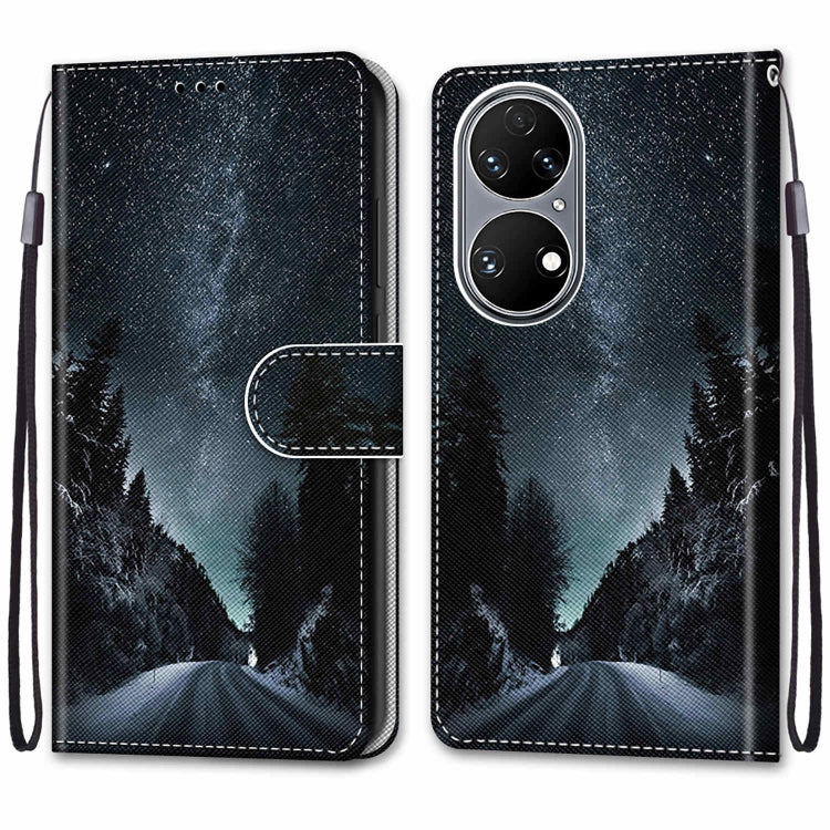 For Huawei P50 Coloured Drawing Cross Texture Horizontal Flip PU Leather Case with Holder & Card Slots & Wallet & Lanyard(Mountain Road Starry Sky) - Huawei Cases by buy2fix | Online Shopping UK | buy2fix