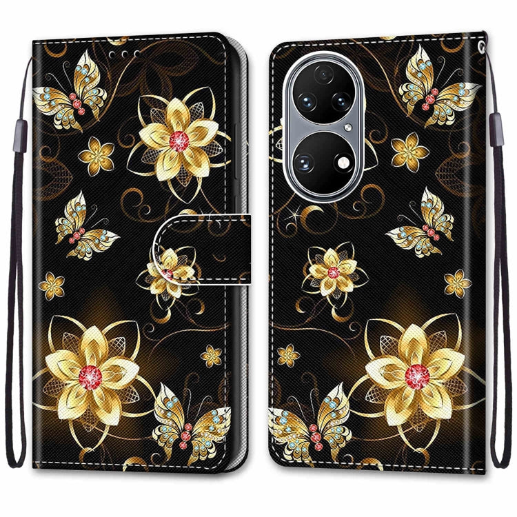 For Huawei P50 Coloured Drawing Cross Texture Horizontal Flip PU Leather Case with Holder & Card Slots & Wallet & Lanyard(Gold Diamond Butterfly) - Huawei Cases by buy2fix | Online Shopping UK | buy2fix