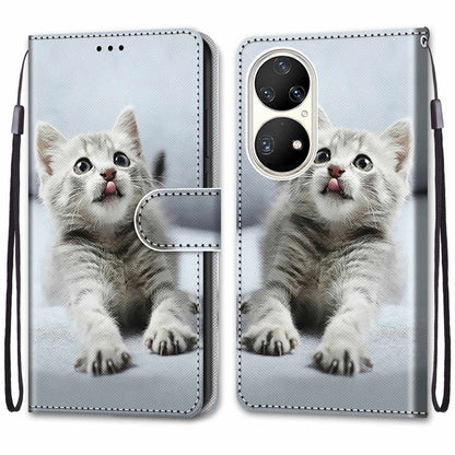 For Huawei P50 Pro Coloured Drawing Cross Texture Horizontal Flip PU Leather Case with Holder & Card Slots & Wallet & Lanyard(Small Gray Cat) - Huawei Cases by buy2fix | Online Shopping UK | buy2fix