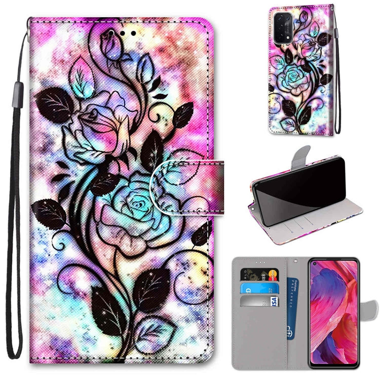 For OPPO A54 5G / A74 5G / A93 5G / A93s 5G Coloured Drawing Cross Texture Horizontal Flip PU Leather Case with Holder & Card Slots & Wallet & Lanyard(Color Bottom Hollow Flower) - OPPO Cases by buy2fix | Online Shopping UK | buy2fix