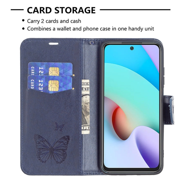 For Xiaomi Redmi 10 Two Butterflies Embossing Pattern Horizontal Flip Leather Case with Holder & Card Slot & Wallet & Lanyard(Dark Blue) - Xiaomi Cases by buy2fix | Online Shopping UK | buy2fix