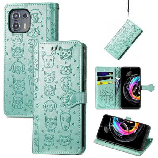 For Motorola Moto Edge 20 Lite Lovely Cat and Dog Embossing Pattern Horizontal Flip Leather Case , with Holder & Card Slots & Wallet & Cartoon Clasp & Lanyard(Green) - Motorola Cases by buy2fix | Online Shopping UK | buy2fix