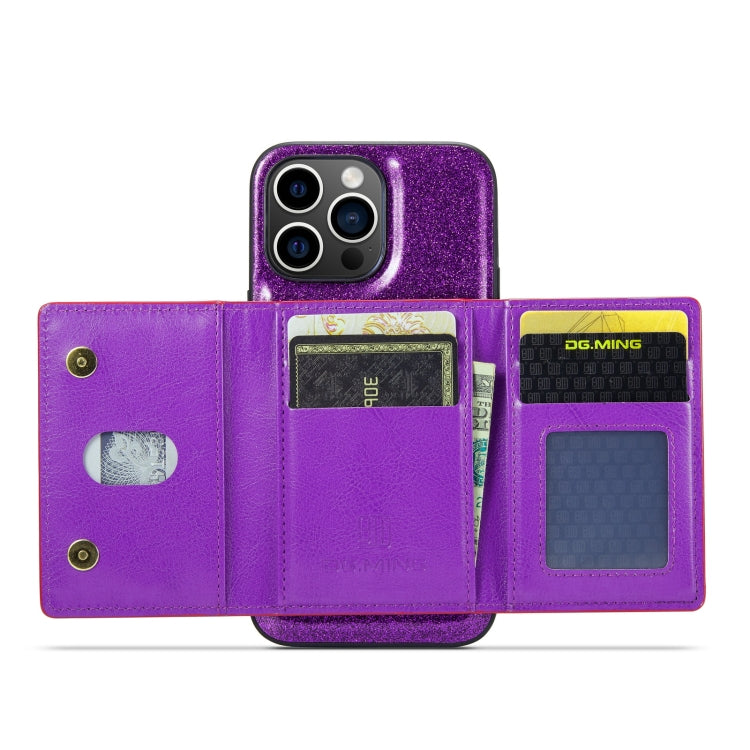 For iPhone 14 Pro DG.MING M3 Series Glitter Powder Card Bag Leather Case(Dark Purple) - iPhone 14 Pro Cases by DG.MING | Online Shopping UK | buy2fix