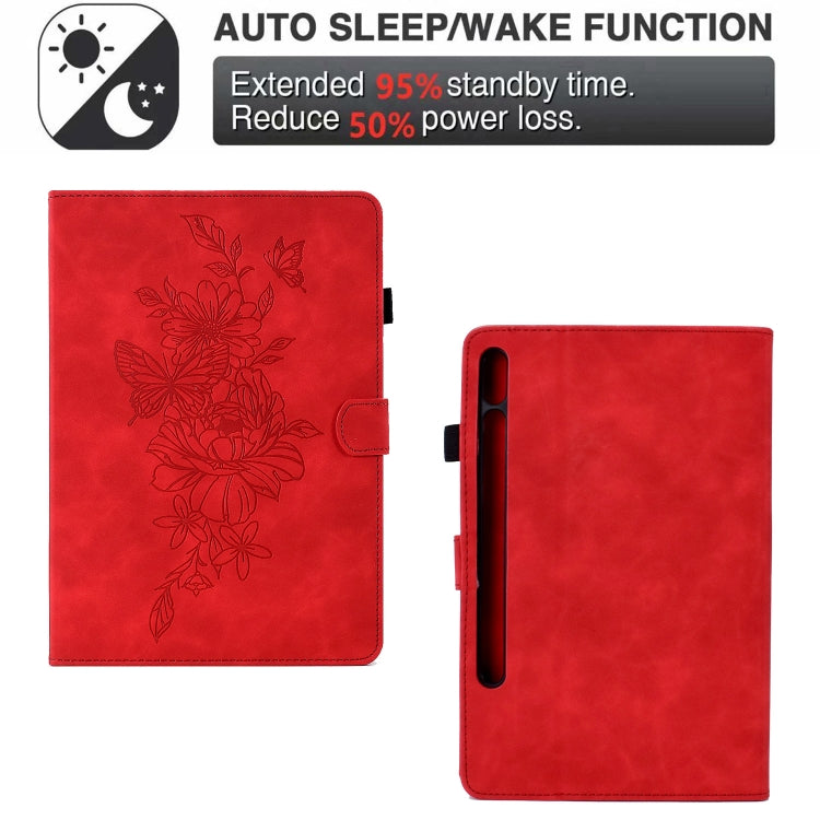 For Samsung Galaxy Tab S7 / S8 Peony Butterfly Embossed Leather Smart Tablet Case(Red) - Galaxy Tab S7 by buy2fix | Online Shopping UK | buy2fix