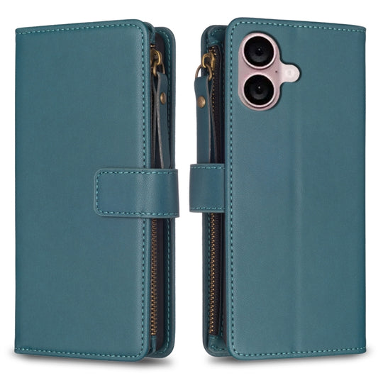 For iPhone 16 Plus 9 Card Slots Zipper Wallet Leather Flip Phone Case(Green) - iPhone 16 Plus Cases by buy2fix | Online Shopping UK | buy2fix