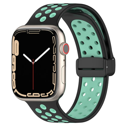 For Apple Watch 42mm Magnetic Buckle Silicone Watch Band(Black Cyan) - Watch Bands by buy2fix | Online Shopping UK | buy2fix