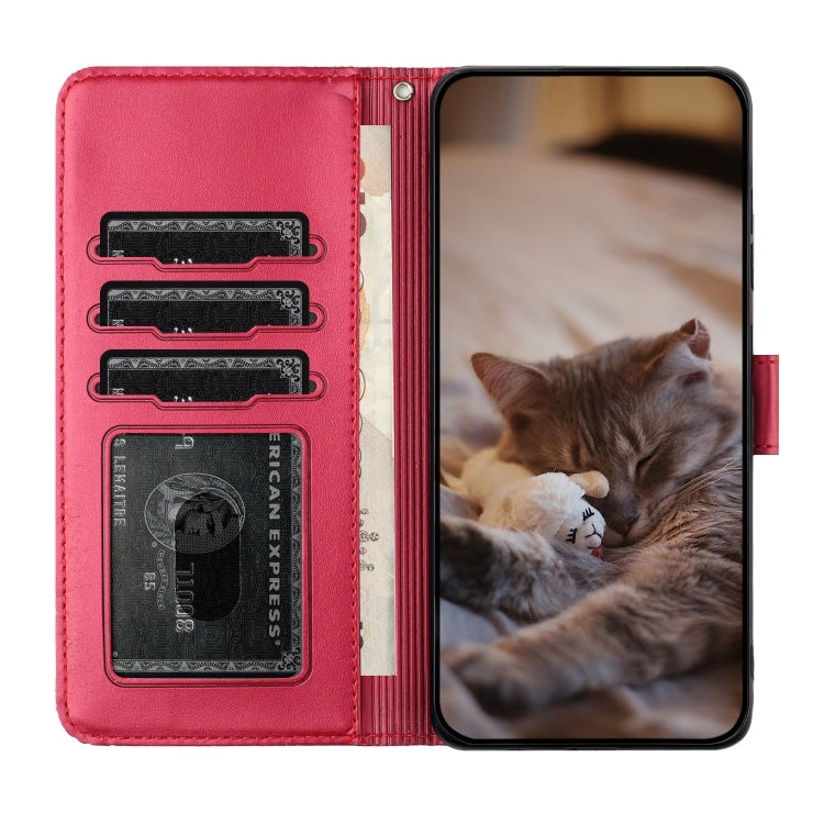 For iPhone 16 Plus Cat Embossing Pattern Leather Phone Case with Lanyard(Red) - iPhone 16 Plus Cases by buy2fix | Online Shopping UK | buy2fix