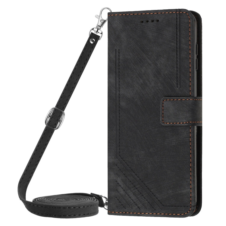 For Xiaomi Redmi Note 13 4G Global Skin Feel Stripe Pattern Leather Phone Case with Long Lanyard(Black) - Note 13 Cases by buy2fix | Online Shopping UK | buy2fix