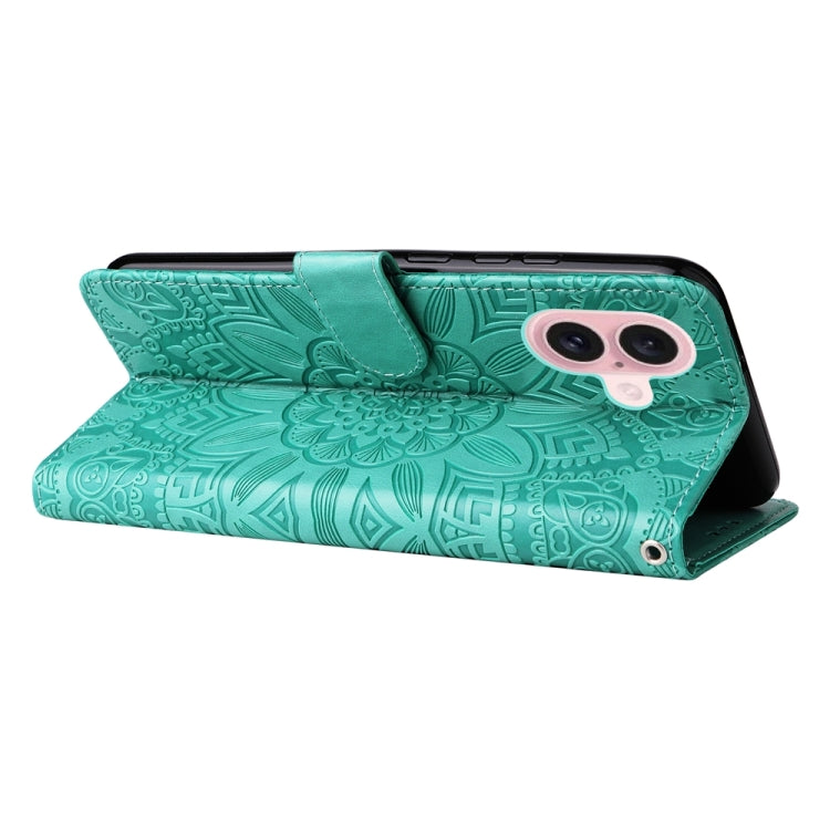 For iPhone 16 Embossed Sunflower Leather Phone Case(Green) - iPhone 16 Cases by buy2fix | Online Shopping UK | buy2fix