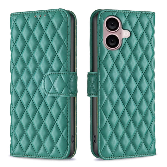 For iPhone 16 Diamond Lattice Wallet Flip Leather Phone Case(Green) - iPhone 16 Cases by buy2fix | Online Shopping UK | buy2fix