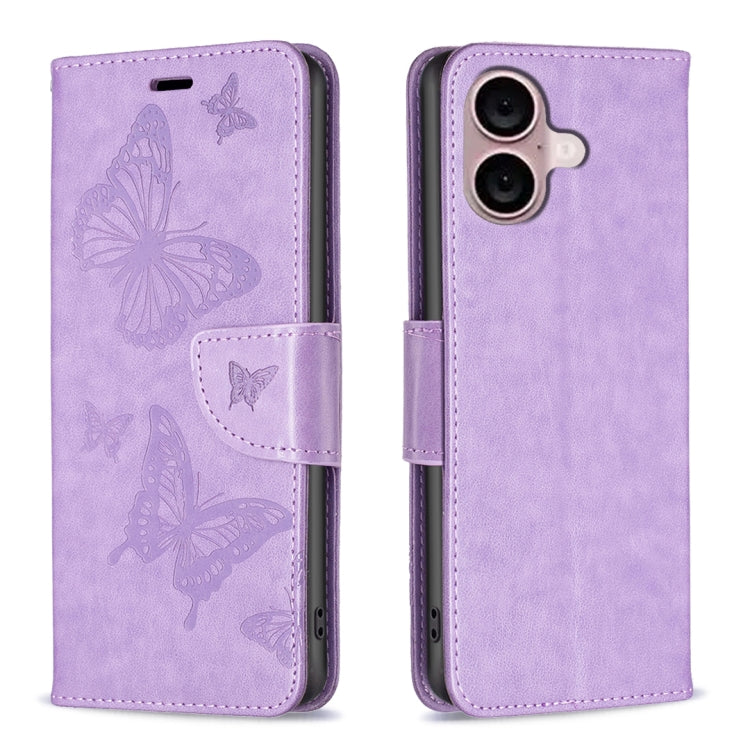 For iPhone 16 Plus Embossing Two Butterflies Pattern Leather Phone Case(Purple) - iPhone 16 Plus Cases by buy2fix | Online Shopping UK | buy2fix