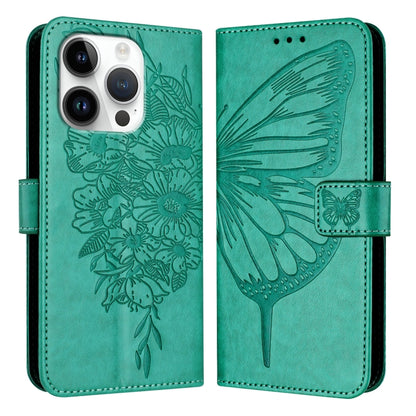 For iPhone 16 Pro Embossed Butterfly Leather Phone Case(Green) - iPhone 16 Pro Cases by buy2fix | Online Shopping UK | buy2fix