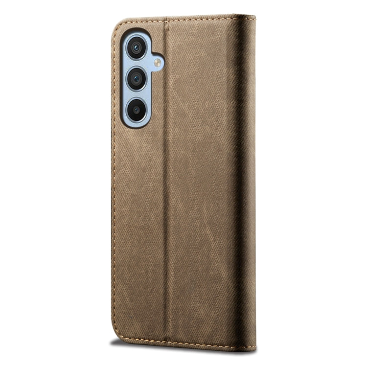 For Samsung Galaxy M55 5G Denim Texture Casual Style Horizontal Flip Leather Case(Khaki) - Galaxy Phone Cases by buy2fix | Online Shopping UK | buy2fix