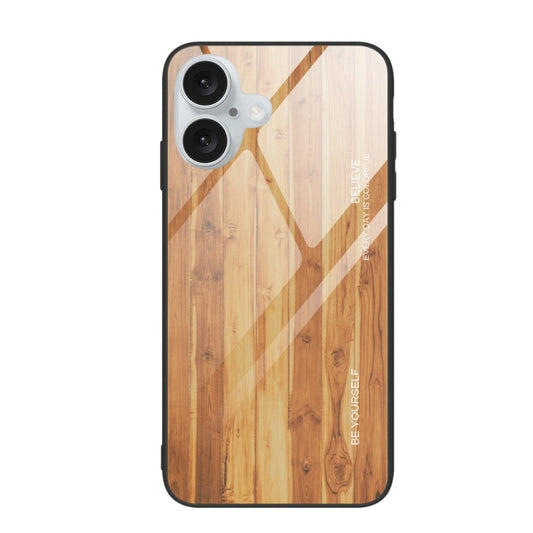 For iPhone 16 Wood Grain Glass Phone Case(Yellow) - iPhone 16 Cases by buy2fix | Online Shopping UK | buy2fix