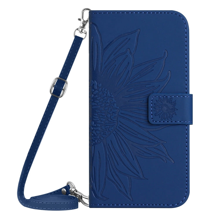 For Motorola Moto G Power 5G 2024 HT04 Skin Feel Sun Flower Embossed Flip Leather Phone Case with Lanyard(Dark Blue) - Motorola Cases by buy2fix | Online Shopping UK | buy2fix