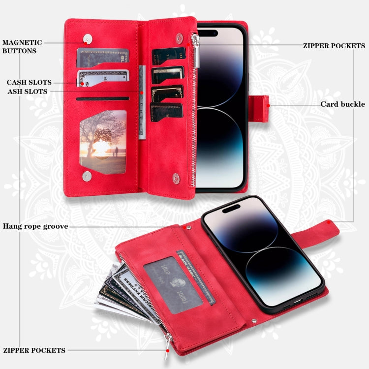 For iPhone 16 Pro Multi-Card Totem Zipper Leather Phone Case(Red) - iPhone 16 Pro Cases by buy2fix | Online Shopping UK | buy2fix