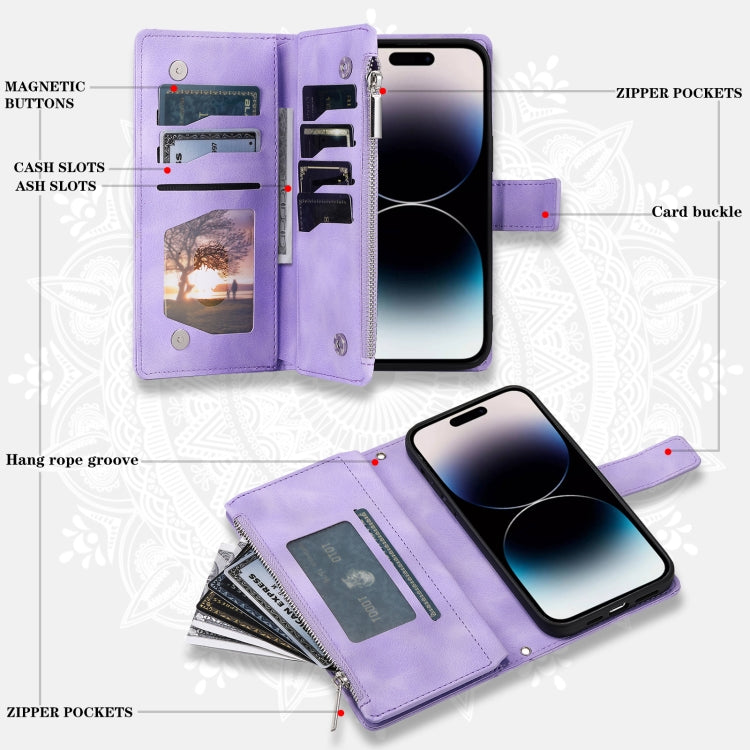 For iPhone 16 Pro Multi-Card Totem Zipper Leather Phone Case(Purple) - iPhone 16 Pro Cases by buy2fix | Online Shopping UK | buy2fix