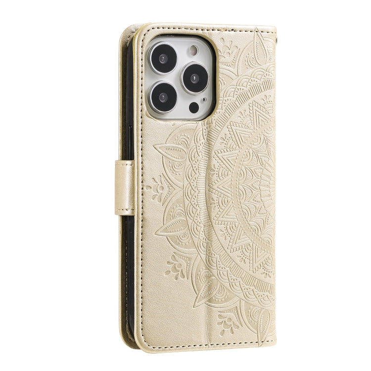 For iPhone 16 Pro Totem Flower Embossed Leather Phone Case(Gold) - iPhone 16 Pro Cases by buy2fix | Online Shopping UK | buy2fix