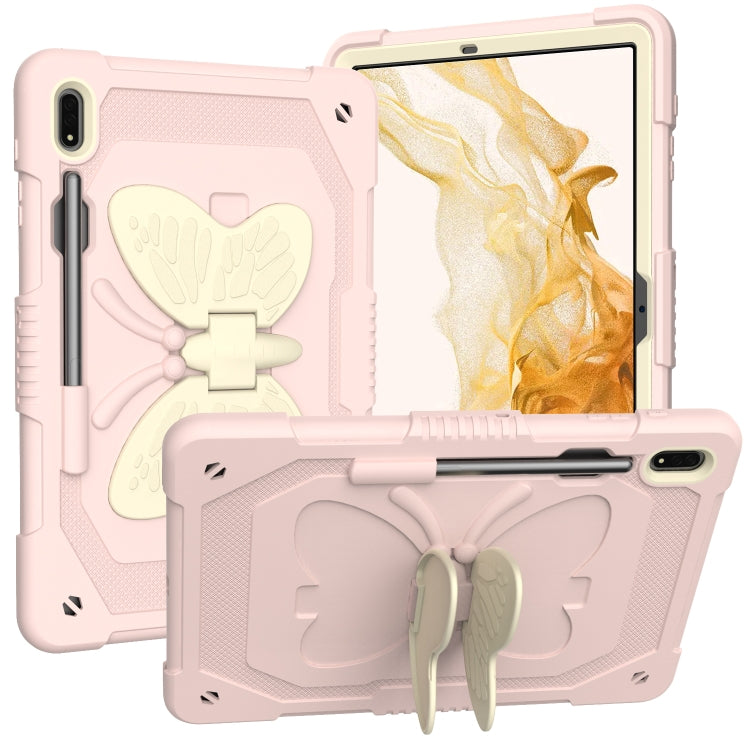 For Samsung Galaxy Tab S9 Butterfly Kickstand Heavy Duty Hard Rugged Tablet Case(Beige+Rose Pink) - Galaxy Tab S9 Cases by buy2fix | Online Shopping UK | buy2fix