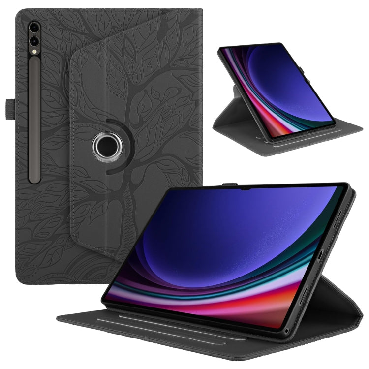 For Samsung Galaxy Tab S9 Ultra/S8 Ultra Tree Life Embossed Rotation Leather Tablet Case(Black) - Galaxy Tab S9 Ultra Cases by buy2fix | Online Shopping UK | buy2fix