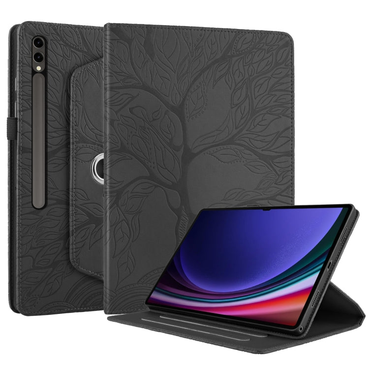 For Samsung Galaxy Tab S9 Ultra/S8 Ultra Tree Life Embossed Rotation Leather Tablet Case(Black) - Galaxy Tab S9 Ultra Cases by buy2fix | Online Shopping UK | buy2fix