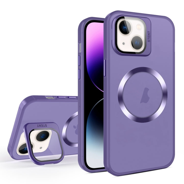 For iPhone 14 Plus Skin Feel CD Texture MagSafe Lens Holder Phone Case(Dark Purple) - iPhone 14 Plus Cases by buy2fix | Online Shopping UK | buy2fix