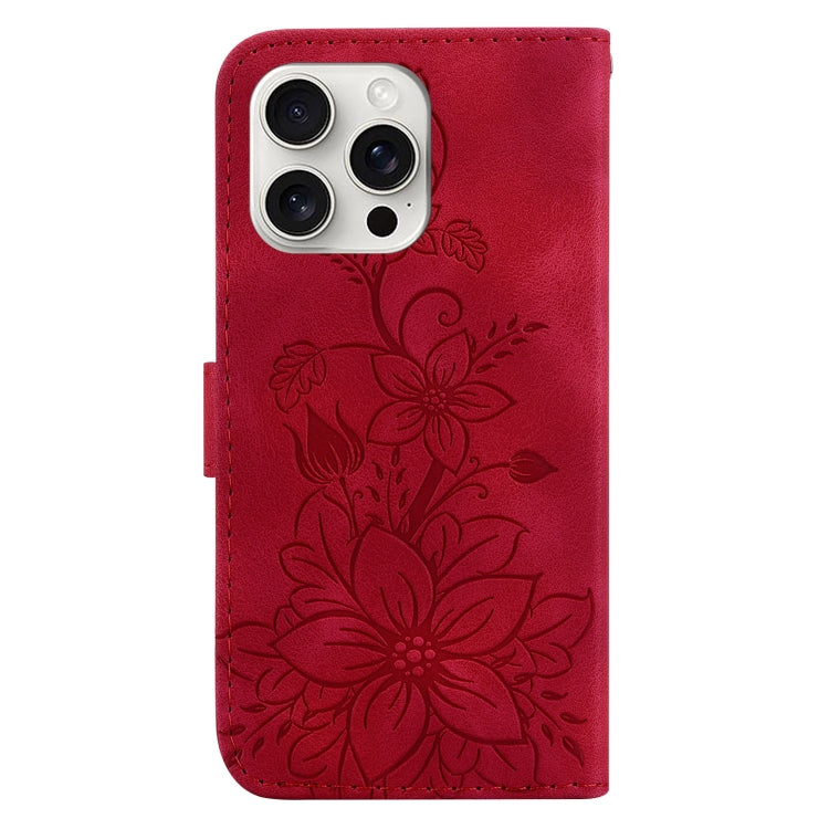 For iPhone 16 Pro Lily Embossed Leather Phone Case(Red) - iPhone 16 Pro Cases by buy2fix | Online Shopping UK | buy2fix