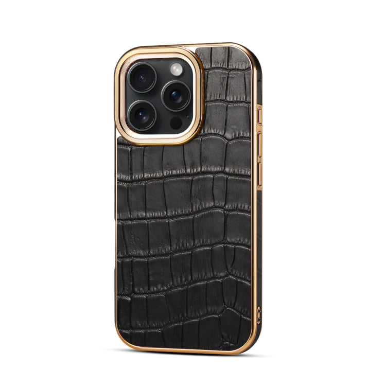 For iPhone 16 Pro Denior Crocodile Texture Genuine Leather Electroplating Phone Case(Black) - More iPhone Cases by Denior | Online Shopping UK | buy2fix