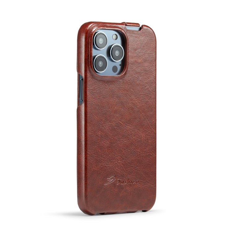 For iPhone 15 Pro Max Fierre Shann Oil Wax Texture Vertical Flip PU Phone Case(Brown) - iPhone 15 Pro Max Cases by FIERRE SHANN | Online Shopping UK | buy2fix