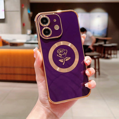 For iPhone 11 Electroplate Side Roses Flower MagSafe Phone Case(Dark Purple) - iPhone 11 Cases by buy2fix | Online Shopping UK | buy2fix