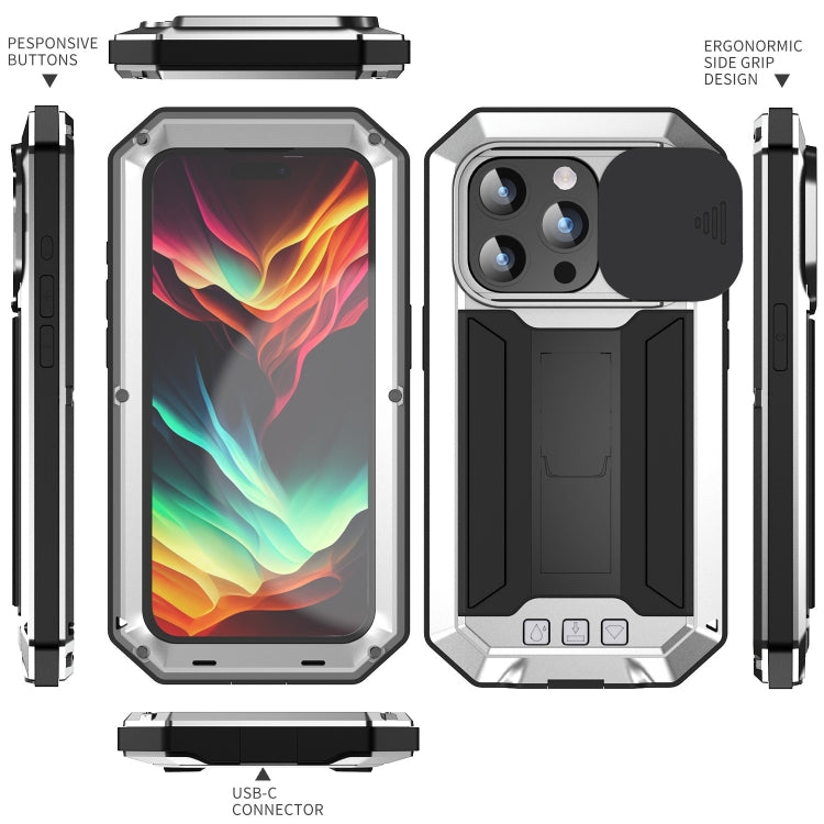 For iPhone 15 Pro R-JUST Sliding Camera Life Waterproof Holder Phone Case(Silver) - iPhone 15 Pro Cases by R-JUST | Online Shopping UK | buy2fix