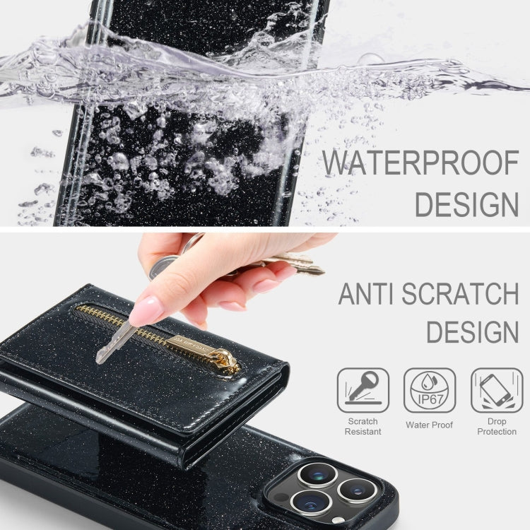 For iPhone 15 Pro DG.MING M3 Series Glitter Powder Card Bag Leather Phone Case(Black) - iPhone 15 Pro Cases by DG.MING | Online Shopping UK | buy2fix