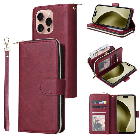 For iPhone 16 Pro 9 Card Slots Zipper Wallet Bag Leather Phone Case(Wine Red) - iPhone 16 Pro Cases by buy2fix | Online Shopping UK | buy2fix