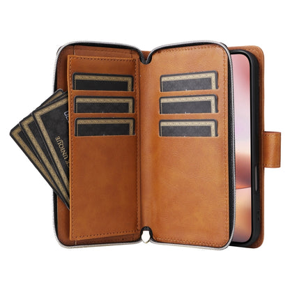 For iPhone 16 Plus 9 Card Slots Zipper Wallet Bag Leather Phone Case(Brown) - iPhone 16 Plus Cases by buy2fix | Online Shopping UK | buy2fix