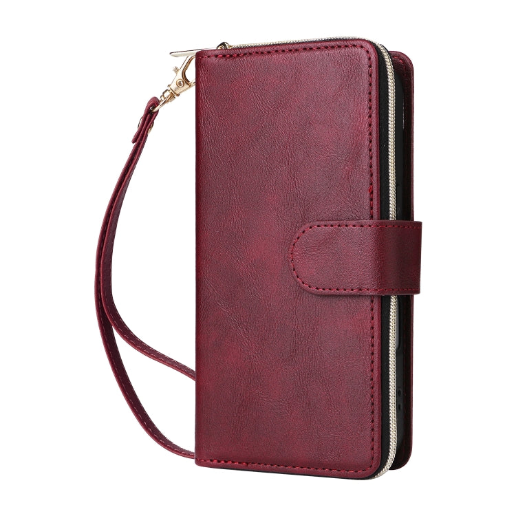 For iPhone 16 9 Card Slots Zipper Wallet Bag Leather Phone Case(Wine Red) - iPhone 16 Cases by buy2fix | Online Shopping UK | buy2fix