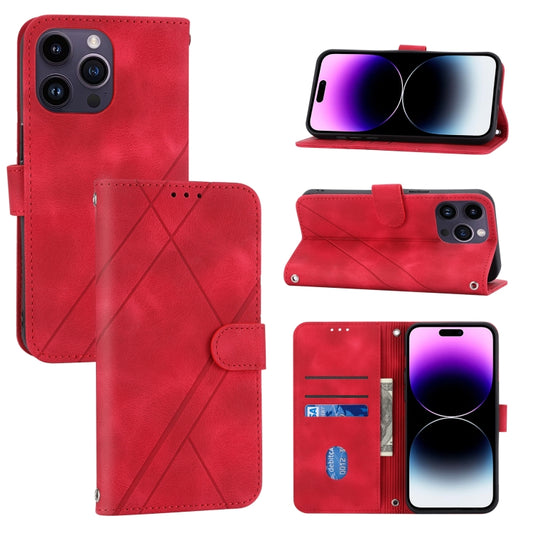 For iPhone 16 Pro Embossed Line Leather Phone Case with Lanyard(Red) - iPhone 16 Pro Cases by buy2fix | Online Shopping UK | buy2fix