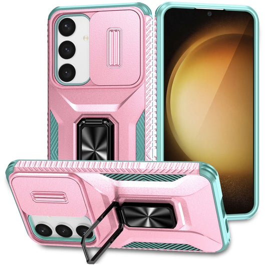 For Samsung Galaxy S24 5G / S25 5G Sliding Camshield Holder Phone Case(Pink + Grey Green) - Galaxy S24 5G Cases by buy2fix | Online Shopping UK | buy2fix