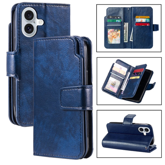 For iPhone 16 Tri-Fold 9-Card Wallets Leather Phone Case(Blue) - iPhone 16 Cases by buy2fix | Online Shopping UK | buy2fix