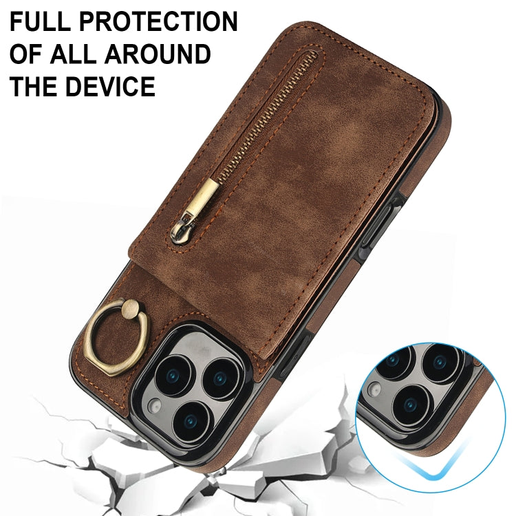 For iPhone 16 Pro Retro Ring and Zipper RFID Card Slot Phone Case(Brown) - iPhone 16 Pro Cases by buy2fix | Online Shopping UK | buy2fix