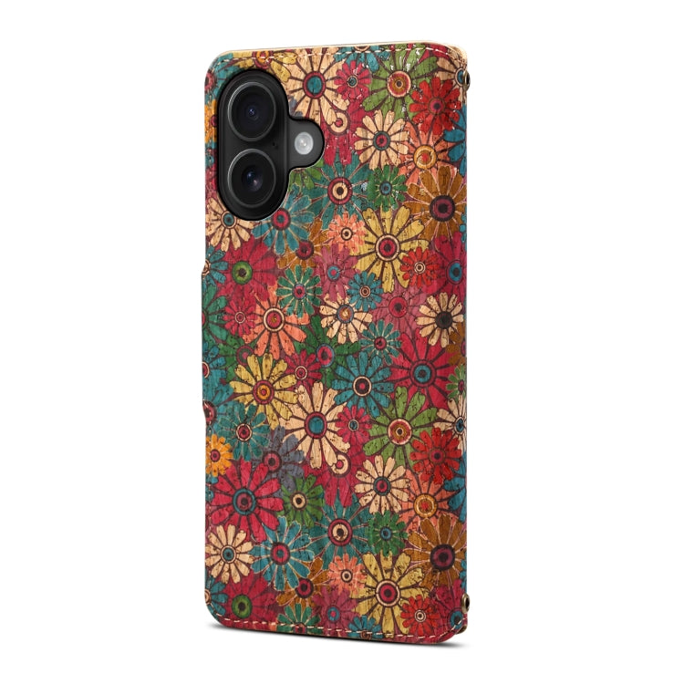 For iPhone 16 Plus Denior Flower Language Series Cork Fabric Oil Edge Leather Phone Case(Spring) - iPhone 16 Plus Cases by Denior | Online Shopping UK | buy2fix