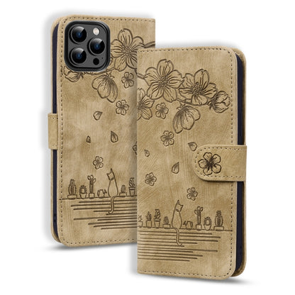 For iPhone 16 Pro Cartoon Sakura Cat Embossed Leather Phone Case(Brown) - iPhone 16 Pro Cases by buy2fix | Online Shopping UK | buy2fix